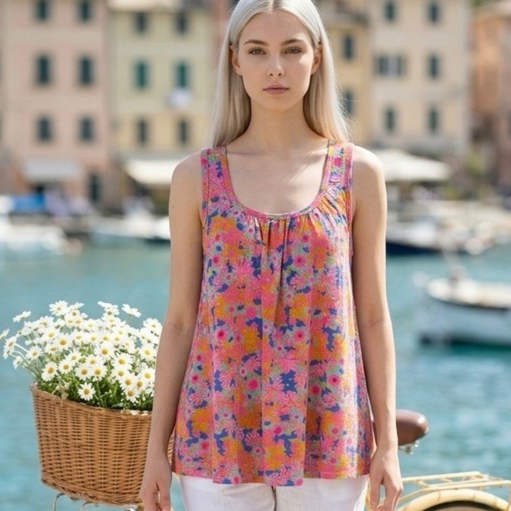 Natural Life Floral Tank Top Womens Medium Pink Blue Cotton Slub Scoop Neck Boho